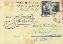 INTERO CARTOLINA POSTALE DEMOCRATICA LIRE 15+5 USATA COME RISPOSTA DA "CAPRESE MICHELANGELO*29.8.51* PER LUCIGNANO - 1946-60: Storia Postale