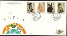 Great Britain, Gran Bretagna 1990; Baby Animals: Cat, Dog, Rabbit, Duck; FDC Canceled With Cat. RSPCA - Domestic Cats