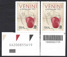 Italia 2021; Venini SpA Nel Centenario Della Fondazione: Francobollo Con Barra Destra + Codice Alfanumerico. - Barcodes