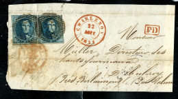 Doc. ( Devant)  2 X N° 7A ( Papier épais )  Obl; CHARLEROY 22/08/1851 En Rouge + Griffe PD - 1851-1857 Medallions (6/8)