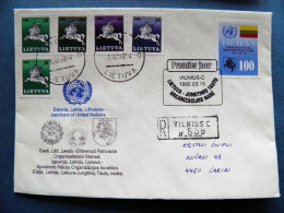 Cover Lithuania Sent From Vilnius To Sakiai Registered 1992 Special Fdc Cancel Uno Estonia Latvia Coat Of Arms Flag - Lithuania