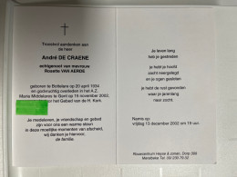 Devotie DP - Overlijden André De Craene Echtg Van Aerde - Bottelare 1934 - Gent 2002 - Todesanzeige