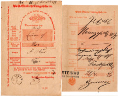 DR 1874/90 2 Versch. Post-Einlieferungsscheine M. Fingerhut- Bzw. L2 Steinau  - Brieven En Documenten