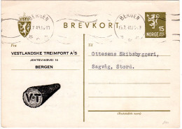 Norwegen 1949, 15 öre Ganzsache M. Abbildung Baumstamm M. VT U. Stpl. Bergen - Briefe U. Dokumente