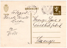 Norwegen 1941, Halden V-Maschinenstempel Auf 15 öre Ganzsache N. Levanger - Lettres & Documents