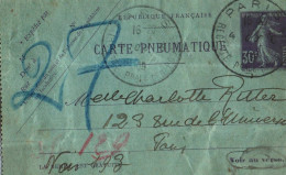 Carte Pneumatique Bleue Adressée à Charlotte Ruter Paris 1909 Adresse Inconnue Facteur Mr Villant - Poste & Facteurs