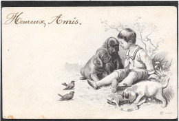 Gaufrée, Relief - Jeune Garçon Entouré De Petits Chiens Et Oiseaux - Other & Unclassified