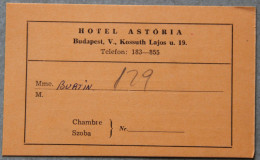 Hôtel Astoria, Budapest (Hongrie), Carte Client - Otros & Sin Clasificación