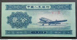 BANKNOTE CINA 2 FEN 1953 SERIE VVIX UNCIRCULATED - Cina