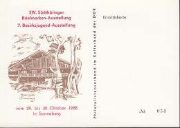 Sonneberg, Eintrittskarte Zur XIV. Südthüringer Briefmarkenausstellung Vom 29.-30. Oktober 1988, Blockhütte - Tickets D'entrée