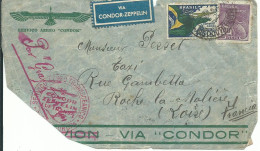 BRESIL LETTRE CONDOR ZEPPELIN 4$200  POUR ROCHE LA MOLIERE ( LOIRE )  DE 1934 DESTINATION RARISSIME  LETTRE COVER - Brieven En Documenten