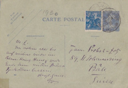 Entier 40c Outremer Semeuse Carton Gris-vert (1929 R1, Date 942) + 50c J. D'Arc Obl. Strasbourg Le 22/1/30 Pour Bâle - Cartes Postales Types Et TSC (avant 1995)