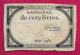 Assignat De Cinq Livres - Série 17980 - Signé Didier - Assignats & Mandats Territoriaux