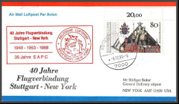 12676 40 Jahre Flugverbindung Stuttgart New York 6/12/1988 Premier Vol First Flight Lettre Airmail Cover Allemagne - Aviones