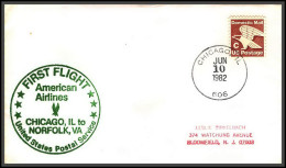 12602 American Airlines Chicago Norfolk 10/6/1982 Premier Vol First Flight Lettre Airmail Cover Usa Aviation - 3c. 1961-... Cartas & Documentos