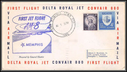 12378 Am 8 Memphis 1/8/1960 Delta Royal Jet Corvair 880 Premier Vol First Flight Lettre Airmail Cover Usa - 2c. 1941-1960 Storia Postale