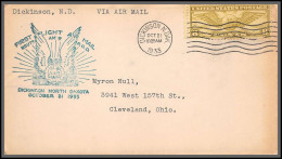 12082 Dickinson North Dakota 21/10/1933 Premier Vol First Flight Route Am 9 Ettre Airmail Cover Usa Aviation - 1c. 1918-1940 Cartas & Documentos