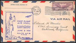 12073 Mandan 2/6/1931 Premier Vol First Flight Air Mail Route Am 9 Airmail Cover Usa Aviation - 1c. 1918-1940 Cartas & Documentos