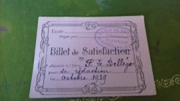 236/ BILLET DE SATISFACTION 1939 ECOLE DE FILLES DE FONTENAY LES FLEURS - Diplomi E Pagelle