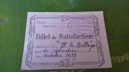 236/ BILLET DE SATISFACTION 1939 ECOLE DE FILLES DE FONTENAY LES FLEURS - Diplome Und Schulzeugnisse