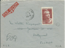 FRANCE LETTRE PAR AVION 50F SEUL PARIS POUR HOLLYWOOD ( FLORIDE / USA ) DE 1950 LETTRE COVER - 1921-1960: Periodo Moderno