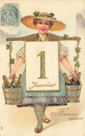 N°24885 - Carte Gaufrée - Heureuse Année - Jeune Femme Portant Des Bouteilles De Champagne - Nieuwjaar