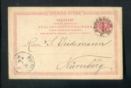 "SCHWEDEN" 1891, Postkarte Mi. P 20 Ex Stockholm Nach Nuernberg (R1121) - Postal Stationery