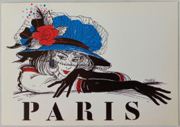 FEMME SEXY / MODE - Chapeau Bleu Fleur Rouge / Gant Noir - Maquillage Rouge - Illustrateur Guy MAYNARD - Carte Postale - Moda