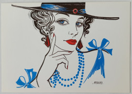 FEMME SEXY / MODE - Visage Levres Maquillage Rouge - Collier Bleu - Illustrateur Guy MAYNARD - Carte Postale - Pin-Ups