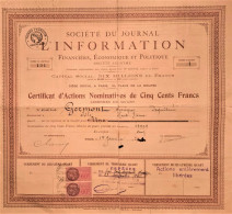 Société Du Journal L'information Financière, économique Et Politique - Certificat D'actions Nominatives - 1929 - Paris - Otros & Sin Clasificación