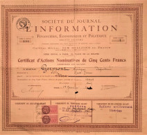 Société Du Journal L'information Financière, économique Et Politique - Certificat D'actions Nominatives - 1929 - Paris - Sonstige & Ohne Zuordnung