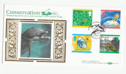 DOLPHIN CONSERVATION Special SILK FDC Cardigan Set ENVIRONMENT CLIMATE Stamps GB Cover 1992 - Dolfijnen