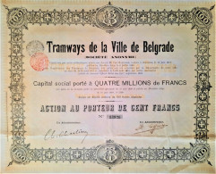 S.A. Tramways De La Ville De Belgrade - Action De 100 Fr (1894 !!) - Spoorwegen En Trams