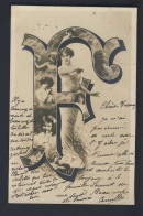 ALPHABET LETTER F - Art Nouveau Lady, Inset Pics Young Girls, RPPC 1905 Postcard - Autres & Non Classés