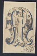 ALPHABET LETTER M - Art Nouveau Lady, Inset Pics Of Ladies, RPPC 1907 Postcard - Autres & Non Classés