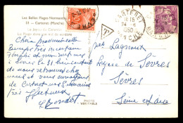 CARTE TAXEE - 1 TIMBRE TAXE 10 FRS SUR CARTE TIMBREE 10 FRS DE CARTERET (MANCHE) - 1859-1959 Covers & Documents