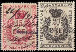 DANEMARK / DENMARK - 1904/08 15 øre & 20 øre Revenue Stamps - Fiscal Use (pen Cancel) - Steuermarken