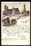 Vorläufer-Lithographie Braunschweig, 1895, Löwensäule Auf Dem Burgplatz, Dom, Siegesdenkmal  - Braunschweig