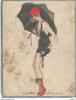 Original Drawing Woman / Dessin Original Femme 1907 Coloriage Signé / GRIBOULETTE Entre Deux Eaux ! Parapluie - Disegni