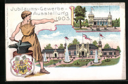 Lithographie Mühlhausen /Th., Jubiläums-Gewerbe-Ausstellung 1903 - Burg-Restaurant, Schmied Mit Amboss, Wappen  - Exhibitions