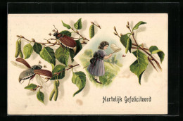 Künstler-AK Mädchen Mit Schmetterlingsnetz Und Maikäfer Auf Birkenzweigen, Glückwunschkarte  - Insectes