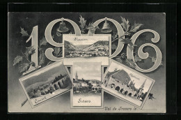 Passepartout-AK Fleurier, Val De Travers - Ortsansichten Fleuvier, Couset, Träsens, Neujahrsgruss 1906  - Travers