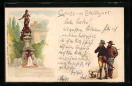 Lithographie Stuttgart, Eugens-Brunnen Und Zwei Besucher Mit Hund  - Stuttgart