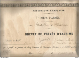 DIPLOME 7EM Corps D'armée BATAILLON DE CHASSEURS BREVET DE PREVOT D'ESCRIME 1908 SAINT DIE Saint-dié - Schermen