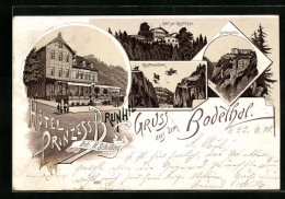 Lithographie Thale, Hotel Prinzess Brunhilde Im Bodethal, Hotel Zur Rosstrappe, Rosstrappfelsen  - Thale
