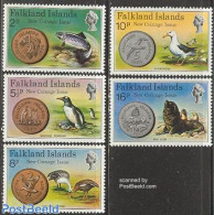 Falkland Islands 1975 New Coins 5v, Mint NH, Nature - Various - Birds - Fish - Penguins - Sea Mammals - Money On Stamps - Fishes