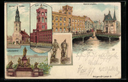Lithographie Berlin, Rotes Rathaus, Marien-Kirche, Lutherdenkmal, Mühlendamm, Neuer Markt  - Mitte