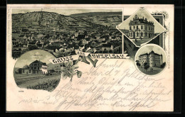 Lithographie Künzelsau, Totalansicht Aus Der Vogelschau, Bahnhof, Post  - Kuenzelsau