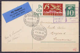 Suisse - EP CP 10c + PA3 Par Poste Aérienne Càpt "GENEVE /-3.X.1925/ POSTE AERIENNE SUISSE" Pour LAUSANNE - Cachet [POST - Erst- U. Sonderflugbriefe