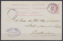 Carte Postale 10c Rose (N°46) Càd ANVERS (BASSINS) /16 OCT 1894 Pour ROTTERDAM Pays-Bas - Càd Arrivée ROTTERDAM - Briefkaarten 1871-1909